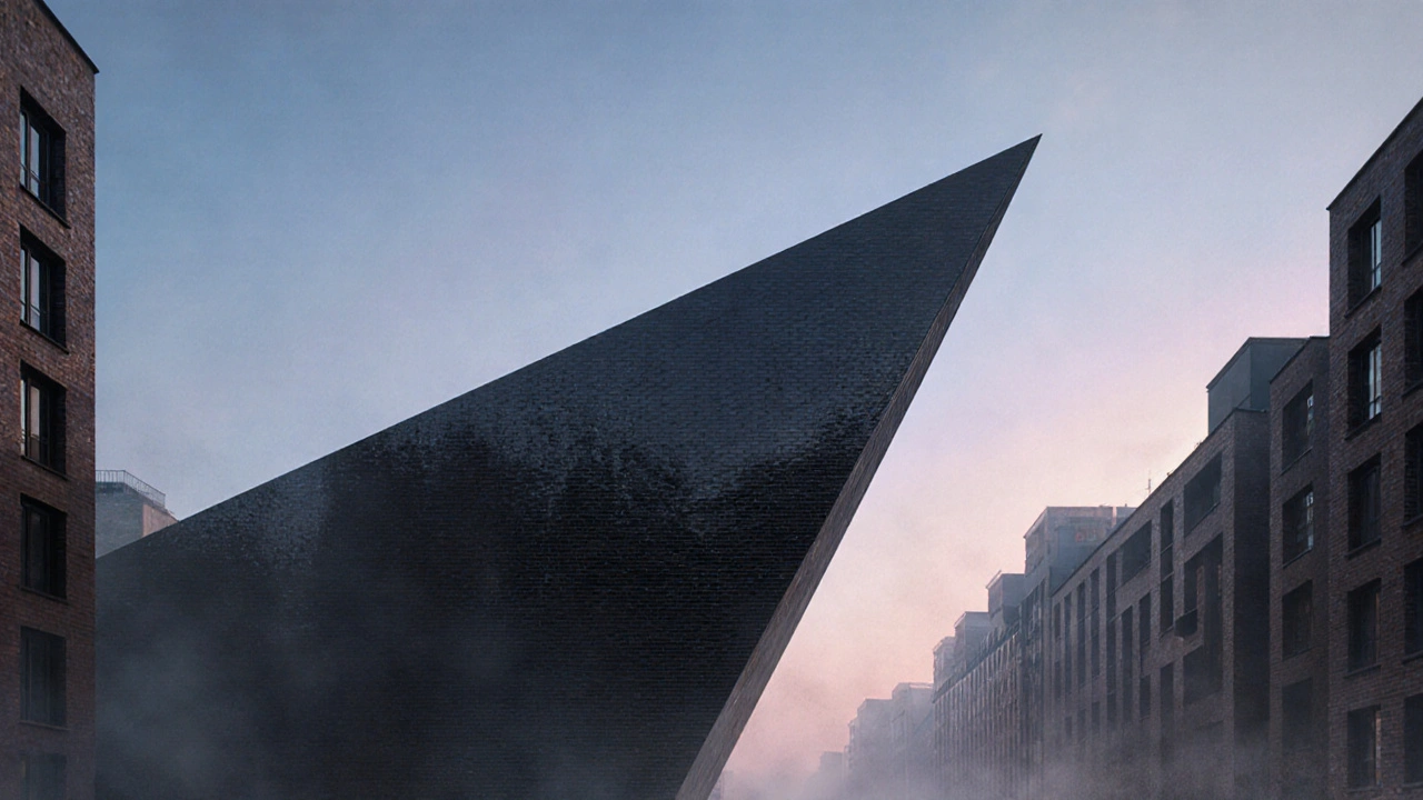 Chilehaus building in Hamburg at dawn, wedge-shaped and shimmering like a ship&#039;s prow.