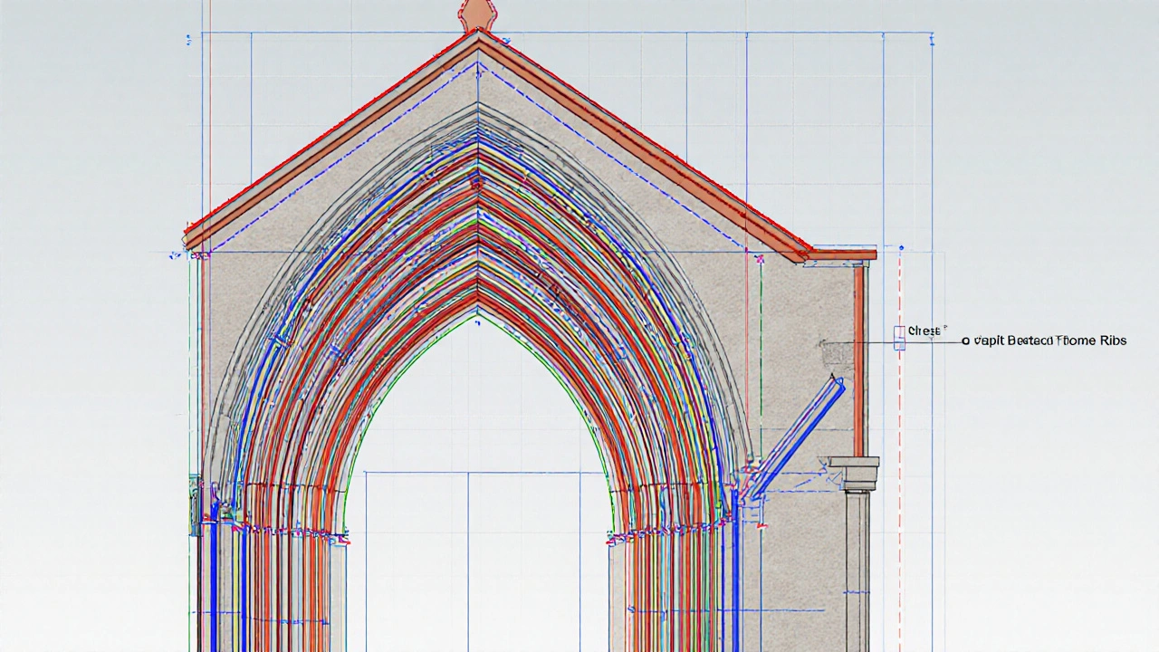 Cut‑section illustration showing a pointed arch, ribbed vault, and flying buttress with load paths highlighted.