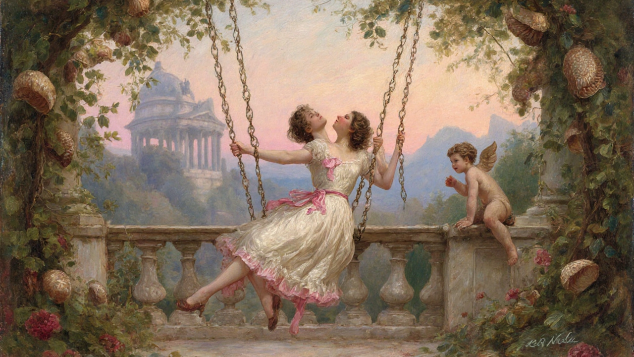 Flirtatious couple on a swing in a pastel garden with cherubs and swirling vines.