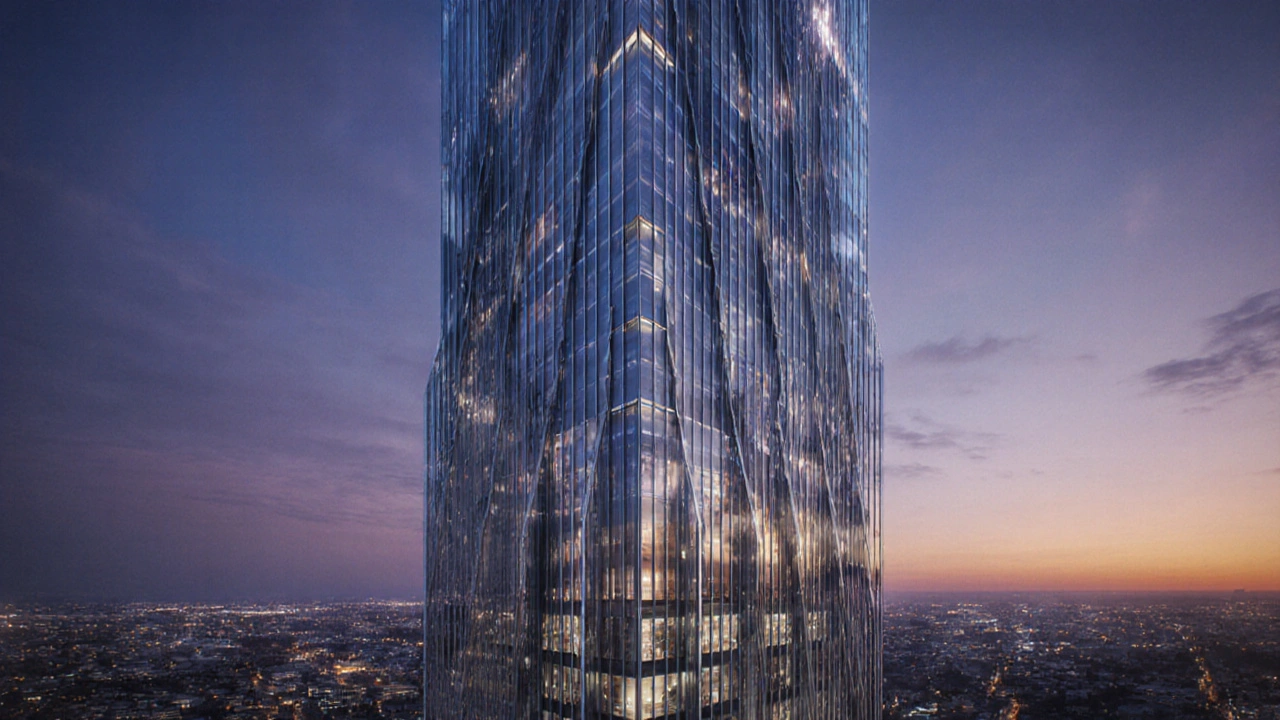 Futuristic skyscraper facade featuring lattice buttresses and vertical glass inspired by Gothic design.