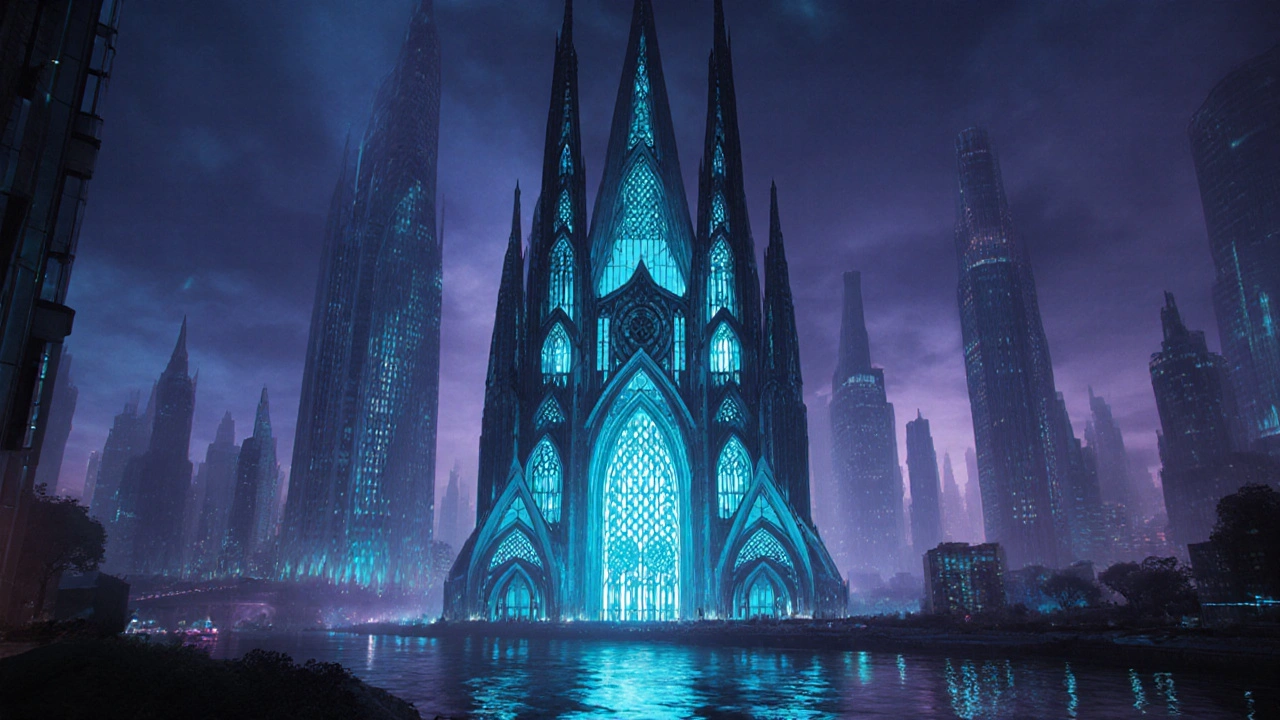 Futuristic skyscraper featuring Gothic buttresses and a glowing rose window at night.
