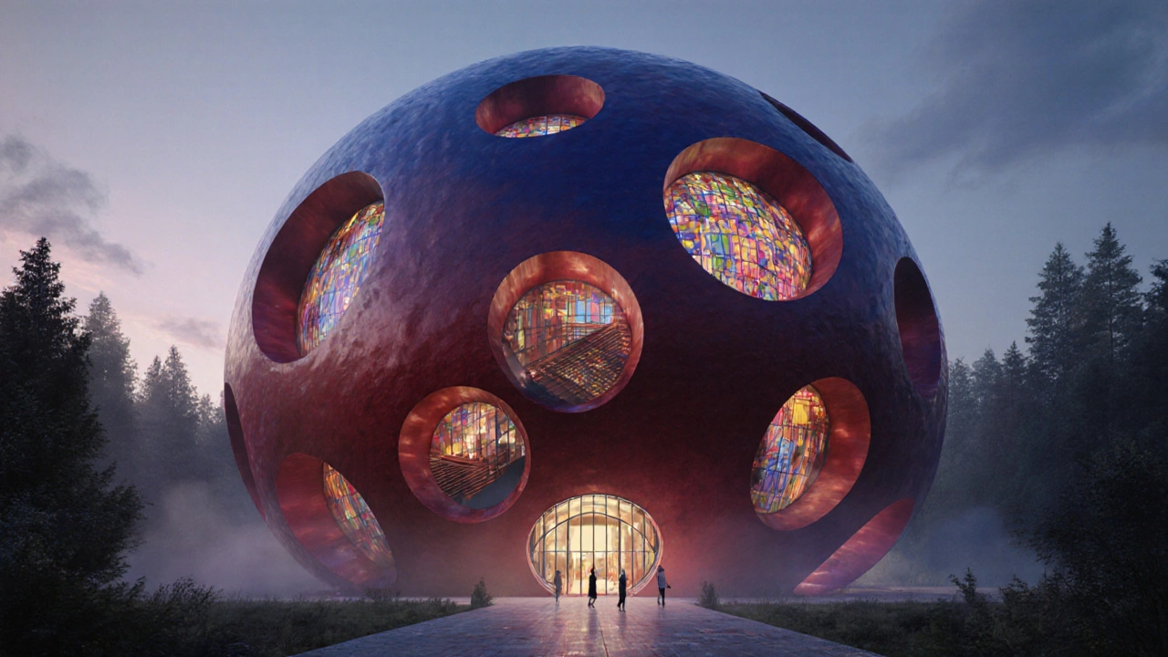 Goetheanum at twilight with glowing stained-glass forms emerging from a misty forest.