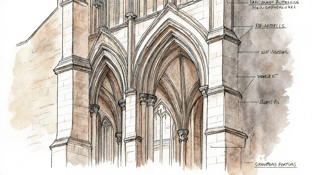 Illustrated cutaway of a Gothic cathedral showing flying buttress and rib vaults.