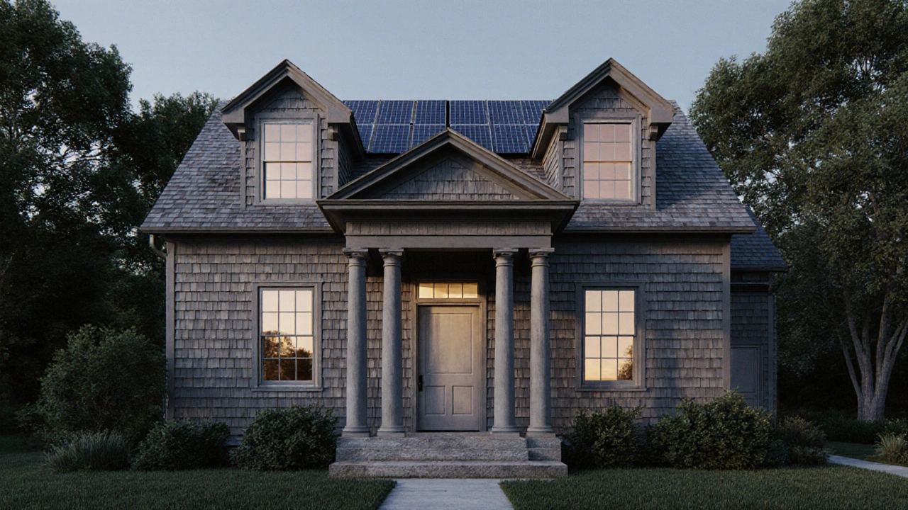 Modern eco‑friendly home mixing Colonial Revival elements with hidden solar panels.