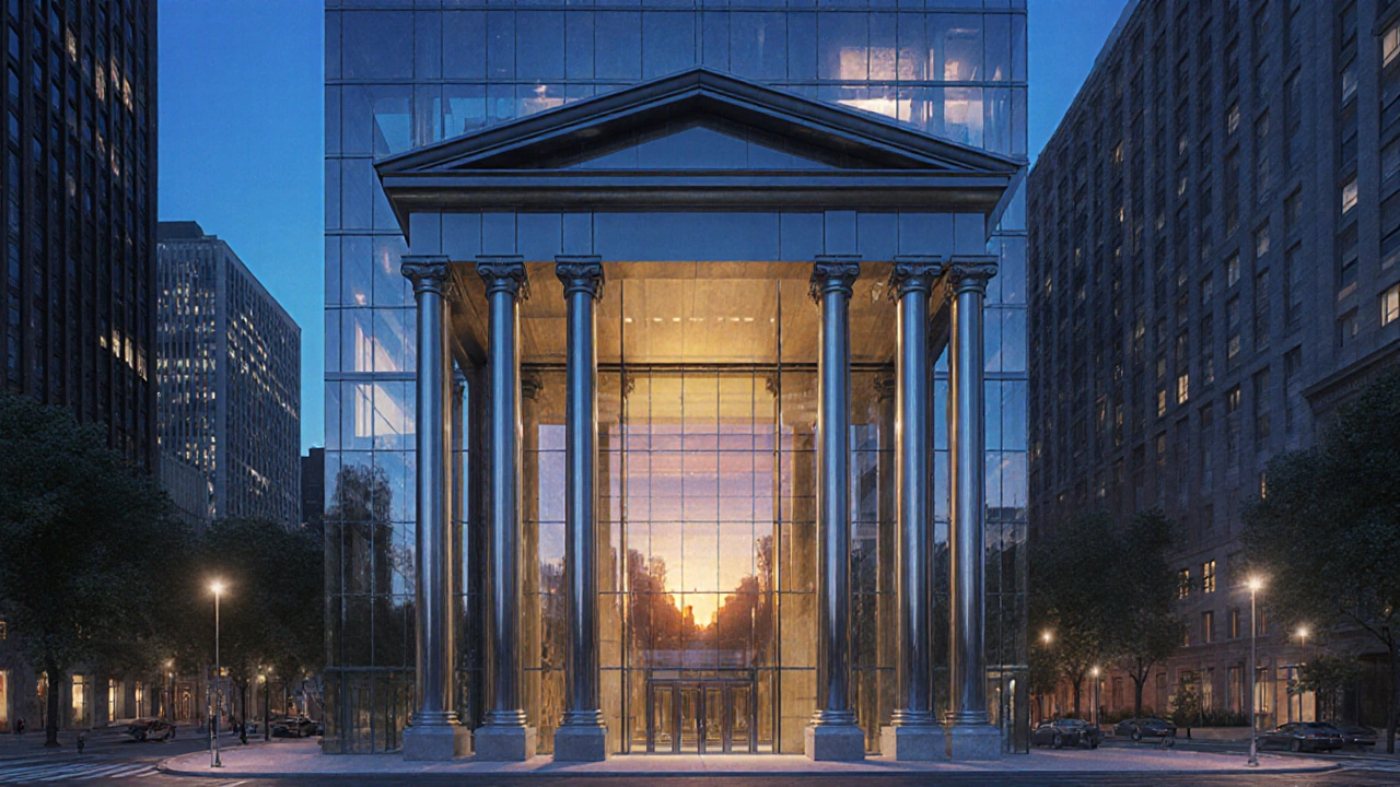 Modern glass building featuring steel columns modeled on Doric proportions at dusk.