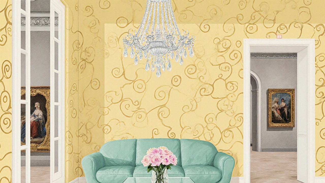Modern living room blending pastel Rococo details with sleek minimal furnishings.