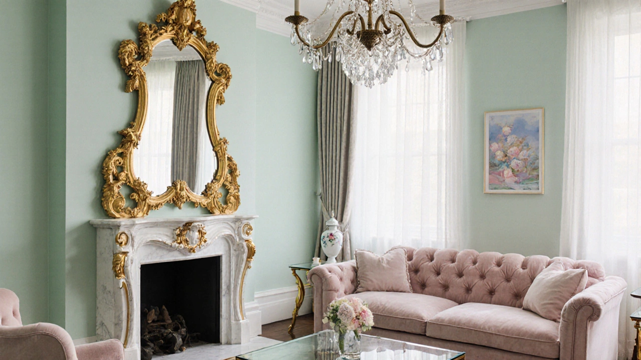 Modern living room featuring pastel walls, gilded mirror, and Rococo‑inspired decorative elements.