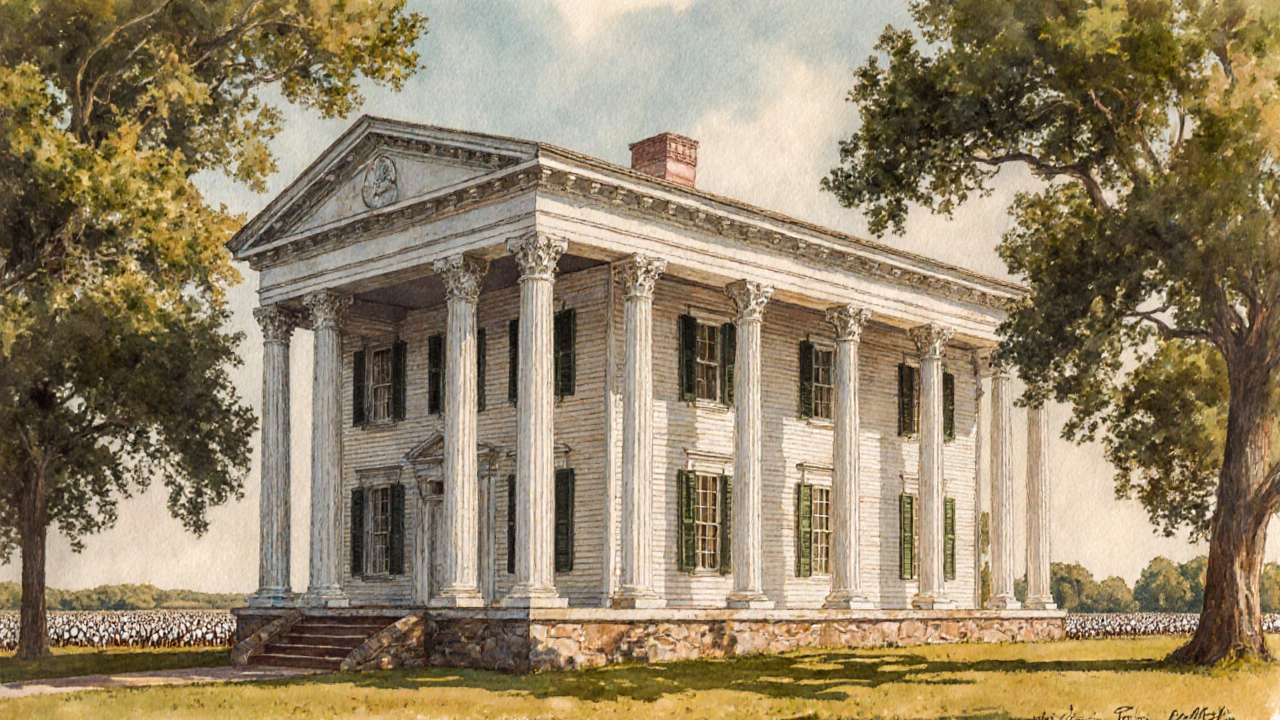 Southern plantation mansion with a massive Doric portico, raised basement, and verandas.