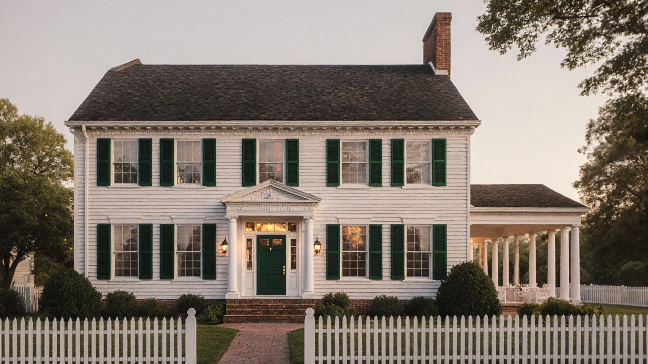 Symmetrical Colonial Revival house with pilasters, pedimented door, shutters, and central hall view.
