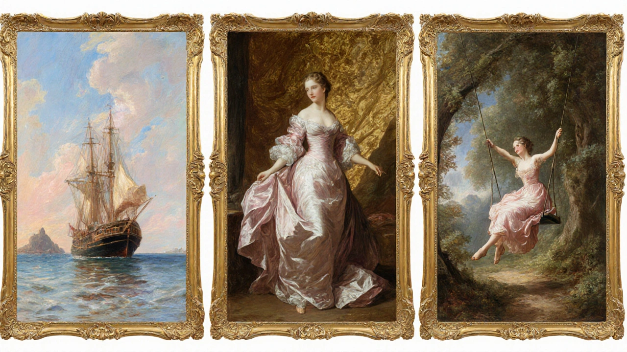 Triptych illustration showing Watteau&#039;s Embarkation for Cythera, Boucher&#039;s Madame de Pompadour, and Fragonard&#039;s The Swing.