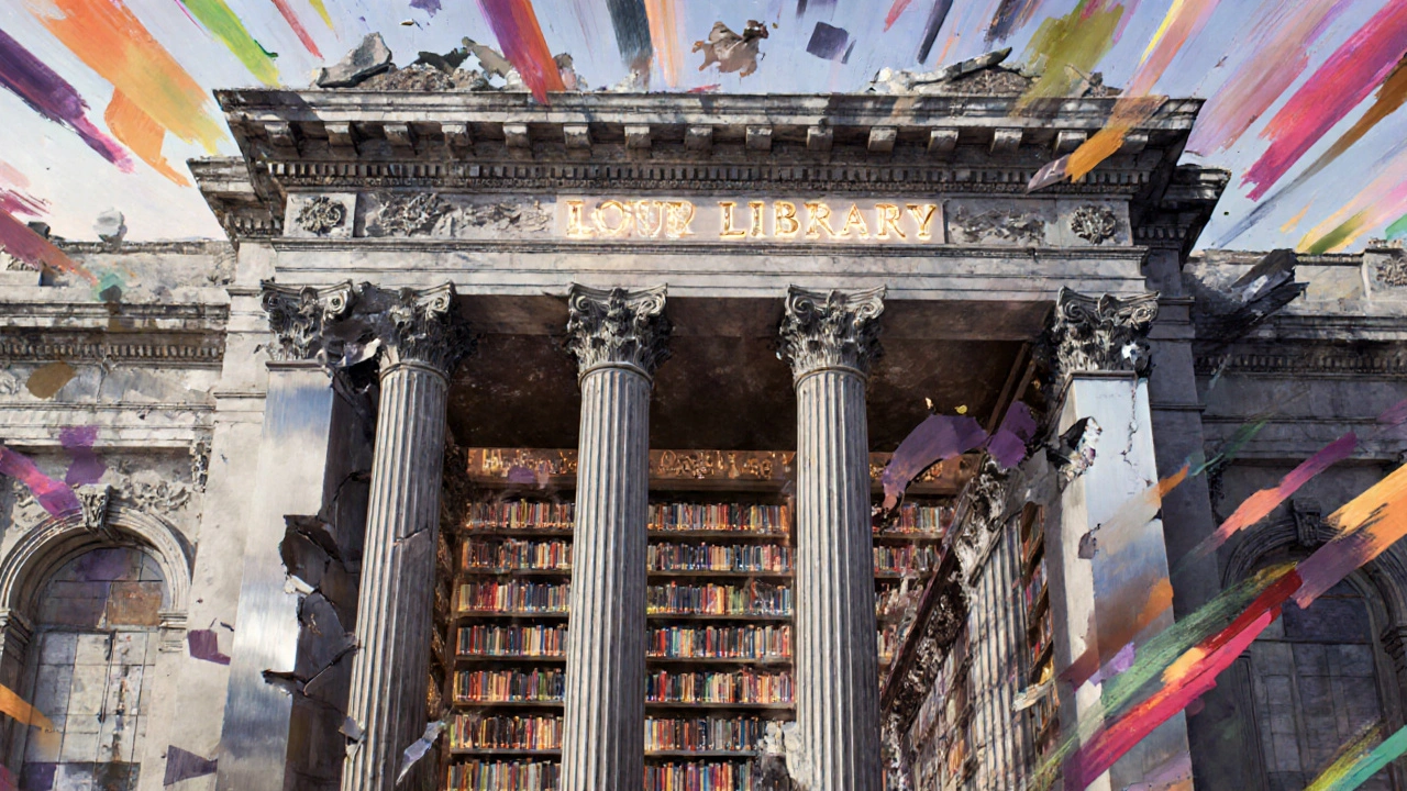 A library facade shaped like a giant bookshelf, blending classical and modern materials in abstract form.