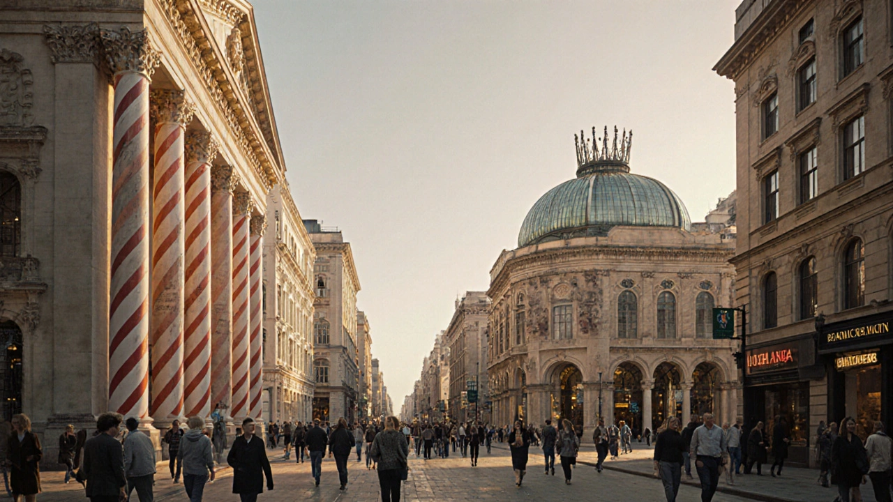 A vibrant city street with diverse postmodern buildings—candy columns, chandelier bank, crown hotel—alive with pedestrians.