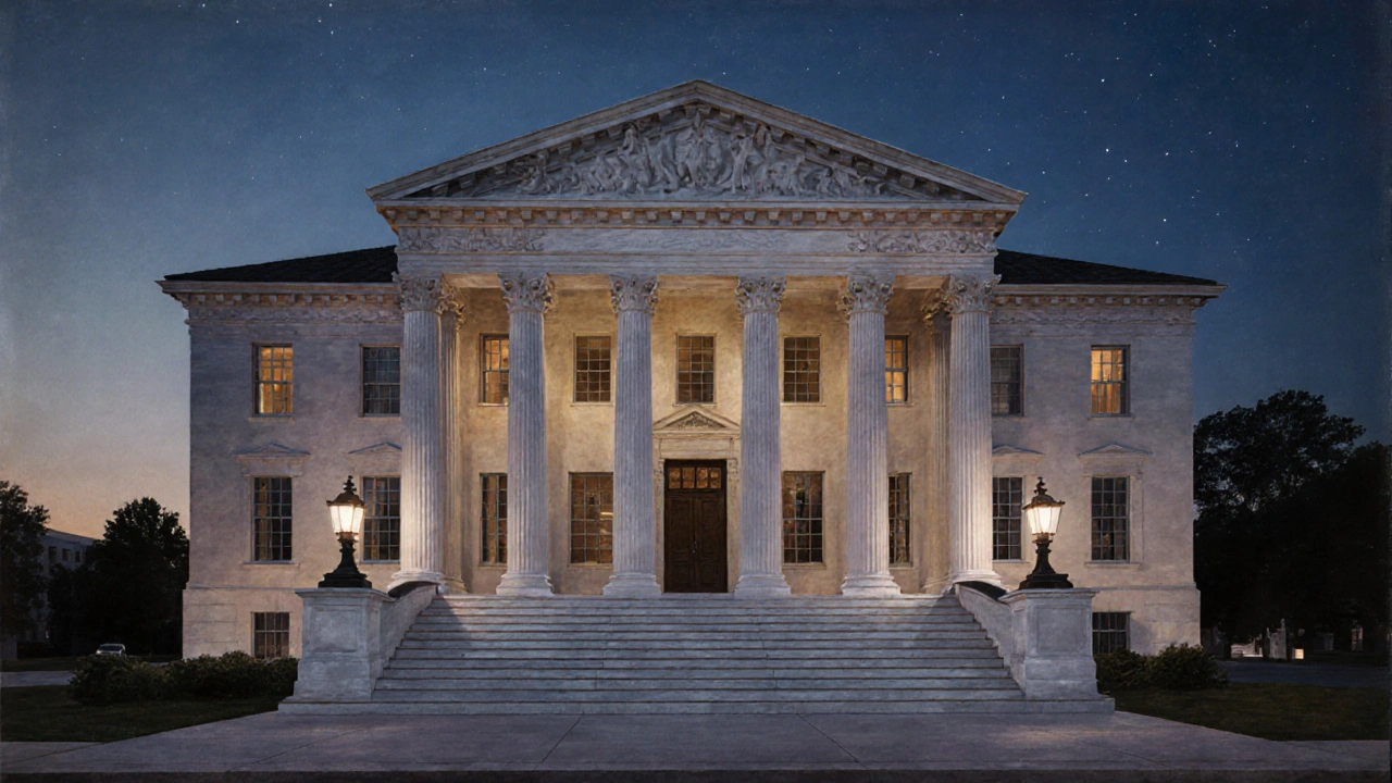 A white-columned American courthouse at twilight with symmetrical windows and a grand staircase.