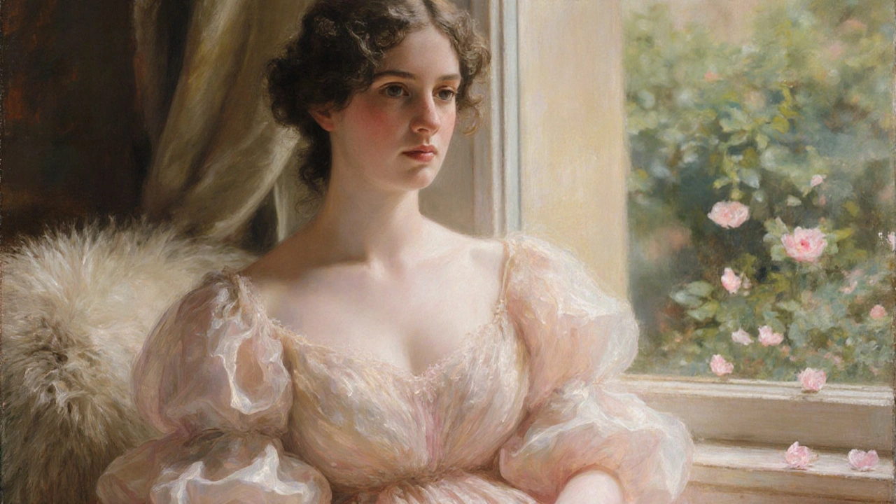 A woman in a pastel dress beside a window, soft foliage blurring in the background.