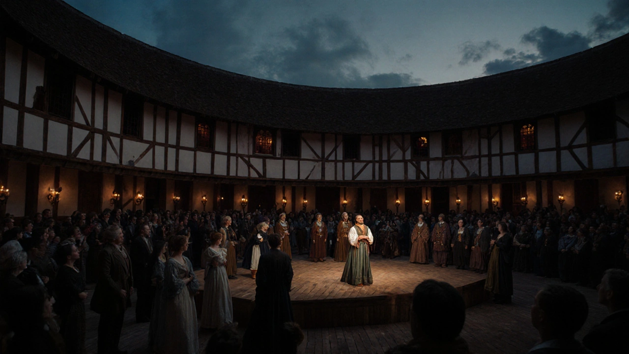 Actors performing Hamlet's soliloquy on a candlelit stage before an attentive Renaissance audience.