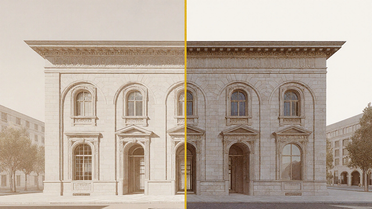 Classical Renaissance elements transitioning into modern Apple Park Visitor Center