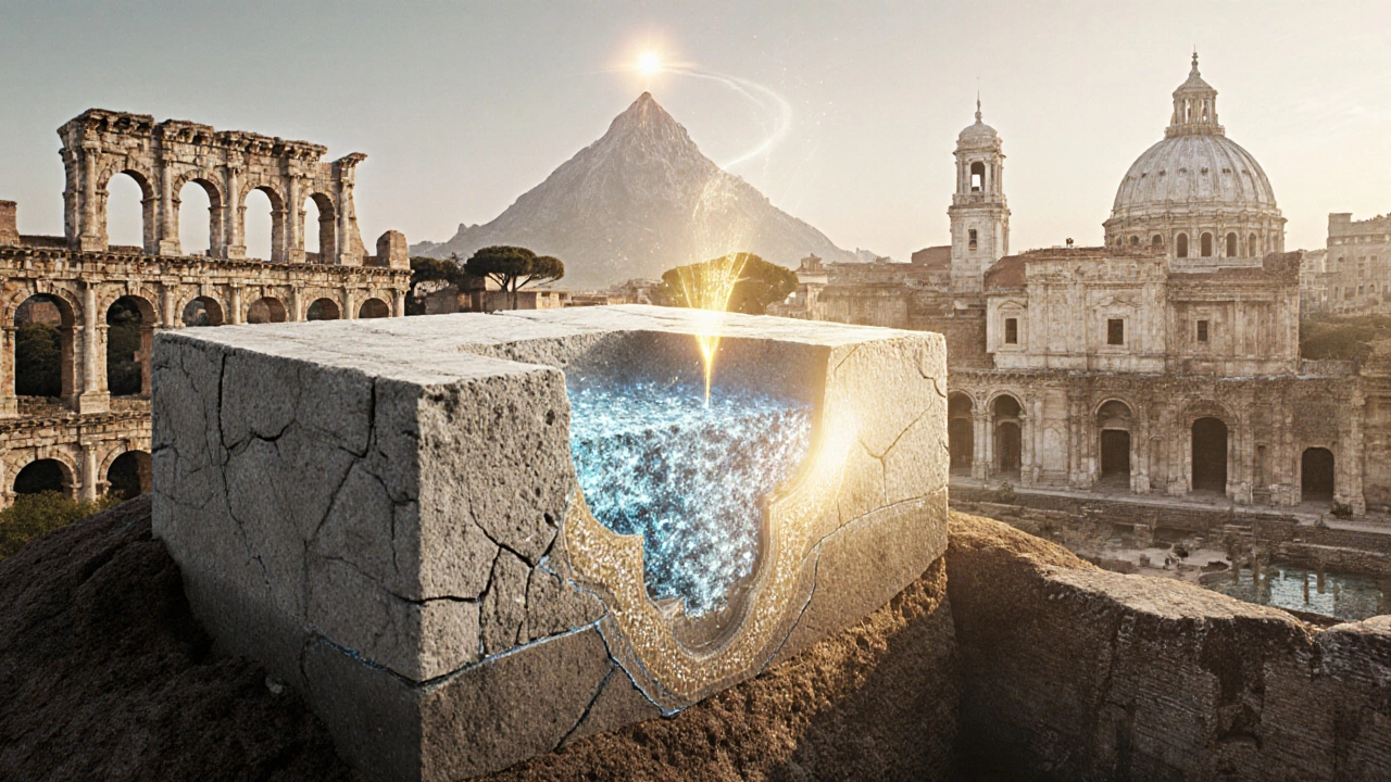 Cross-section of Roman concrete showing minerals forming to heal cracks over time.