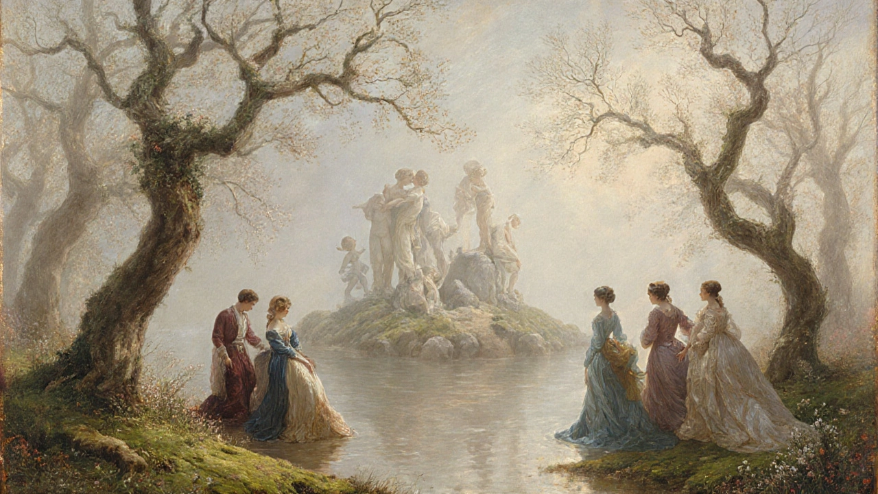 Elegant figures floating toward a dreamlike island surrounded by twisting trees and wildflowers.