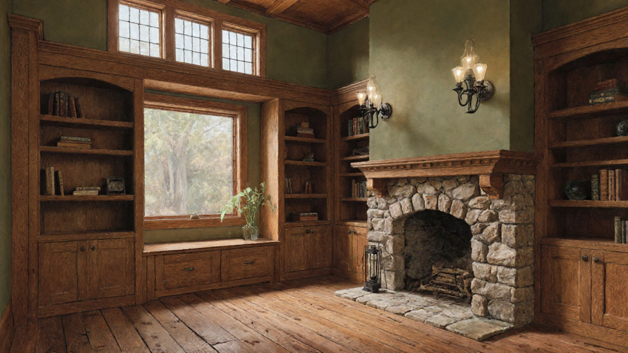 Interior of a Craftsman home with built-in bookshelves, stone fireplace, and art glass windows casting soft patterns.