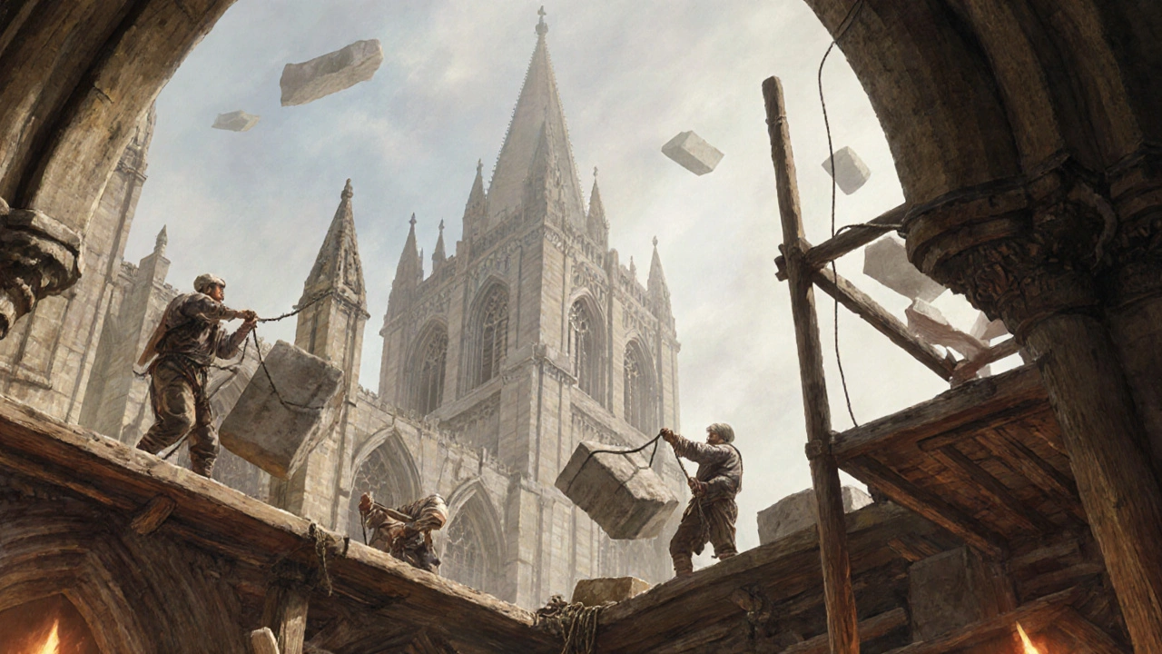 Medieval masons build Salisbury Cathedral’s spire on wooden scaffolds, hauling stone blocks under misty skies.