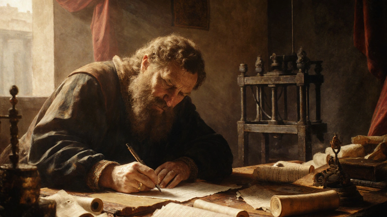 Petrarch writing in vernacular Italian surrounded by ancient scrolls and a printing press.