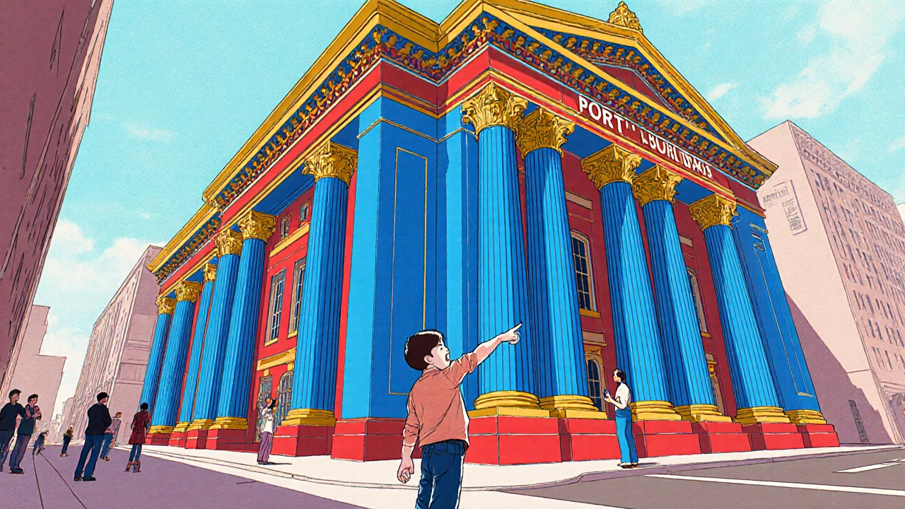 Portland Building in bold 1980s colors, people stopping to photograph its whimsical, oversized architectural details.