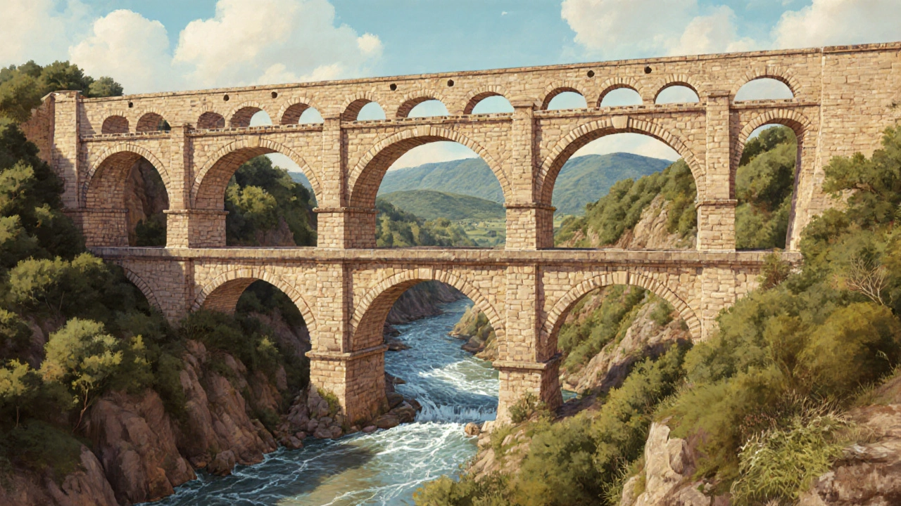 The Pont du Gard aqueduct with three levels of arches carrying water across a valley.