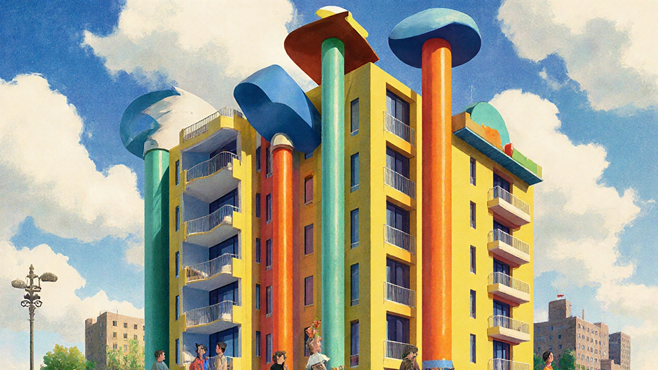 The Portland Building in bold hues, with exaggerated architectural elements and curious onlookers.