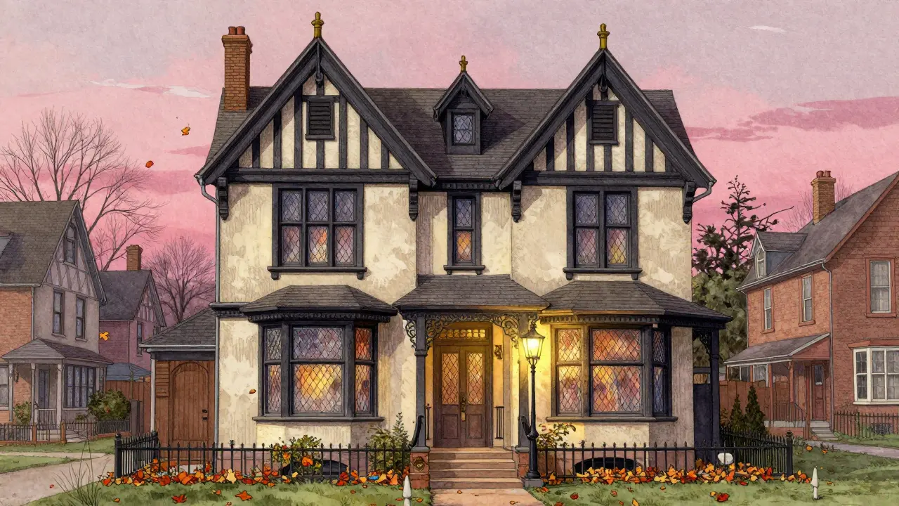 A 1920s Tudor Revival home in a suburban neighborhood with clustered chimneys, diamond-paned windows, and autumn leaves swirling around its entrance.