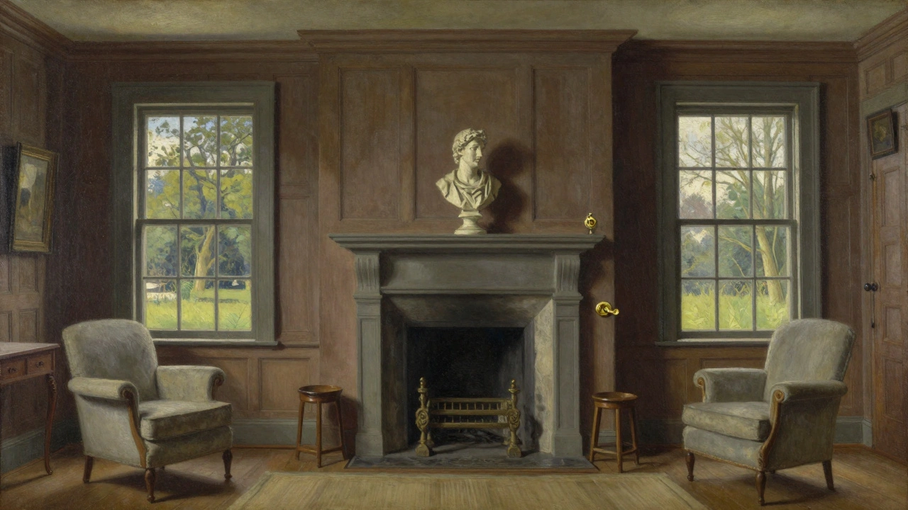 A calm Georgian parlor with paneling, fireplace, and sash windows, lit by soft natural light.