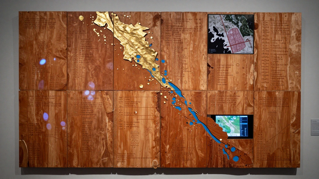 A handcrafted bark altarpiece with ochre pigments and gold leaf, depicting Indigenous stories alongside colonial data.