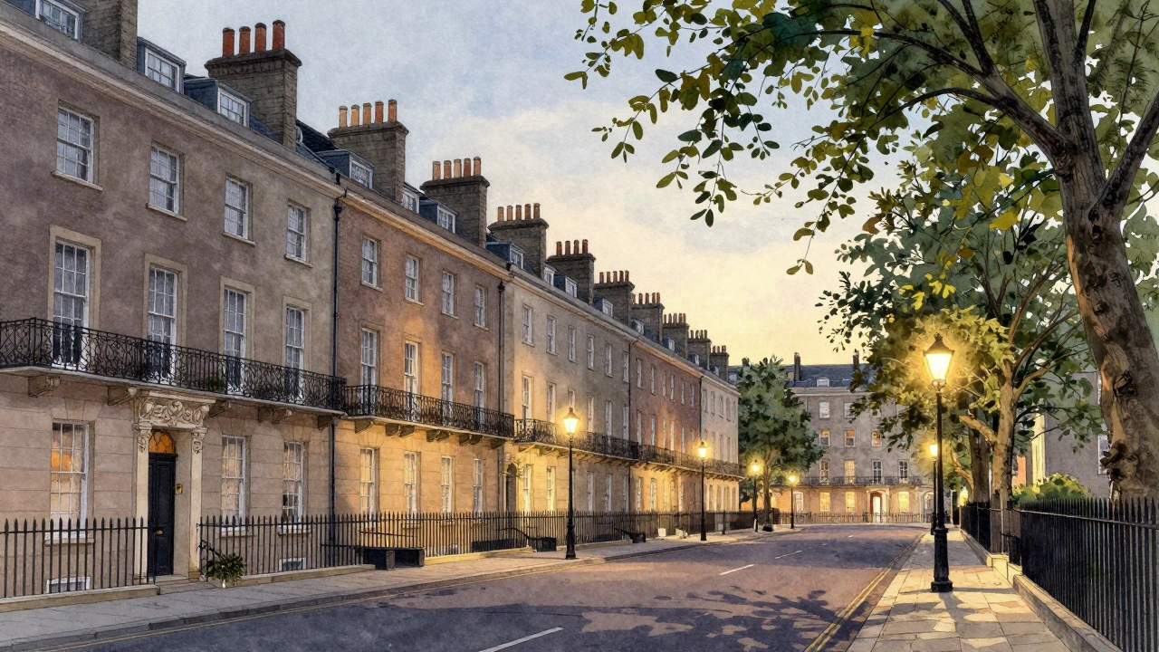 A row of elegant Georgian terraced houses in Dublin at dusk, with iron balconies and grouped chimneys.