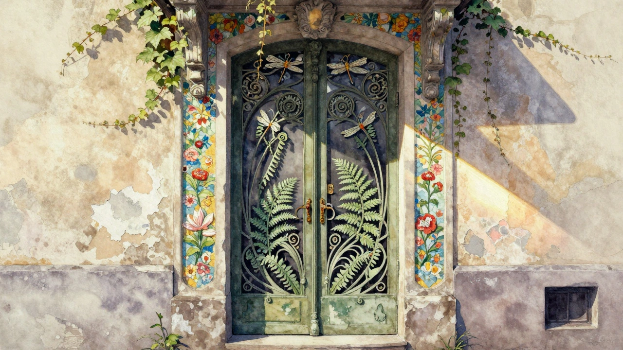 An overgrown art nouveau doorway with floral mosaics and iron tendrils, illuminated by morning light.