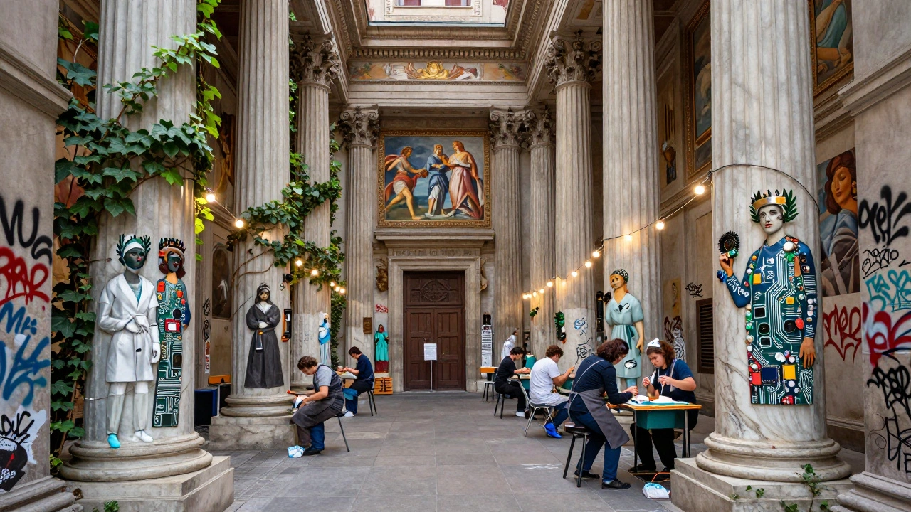 An urban alley with neo-Classical frescoes blending mythological figures and modern heroes under soft lighting.