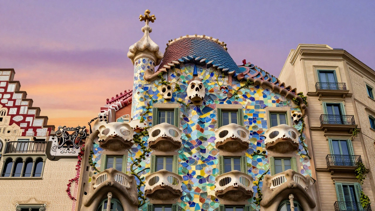 Casa Batlló&#039;s dragon-like facade with ceramic tiles and bone-shaped balconies under a twilight sky.