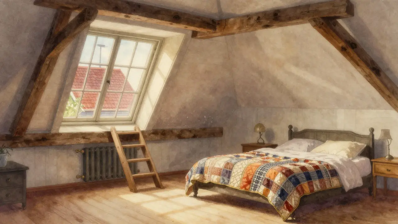 Cozy attic bedroom in a Dutch Colonial Revival house with wooden beams and dormer windows letting in warm light.