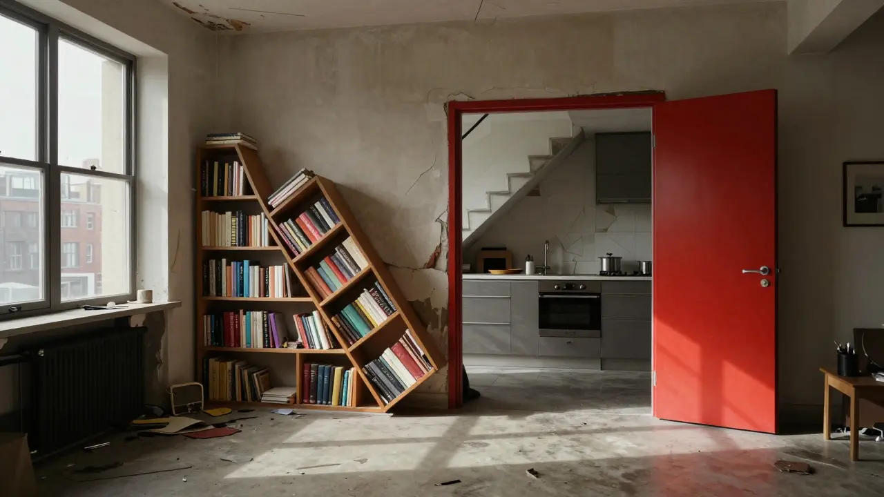Deconstructivist interior with skewed shelves, sloped island, and angled door casting sharp shadows.