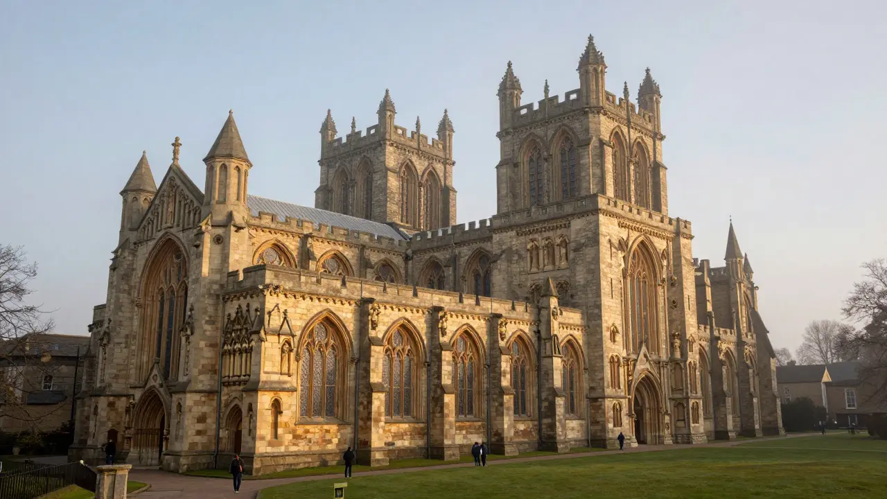 Durham Cathedral at dawn, its massive towers and rounded arches rising above misty countryside.