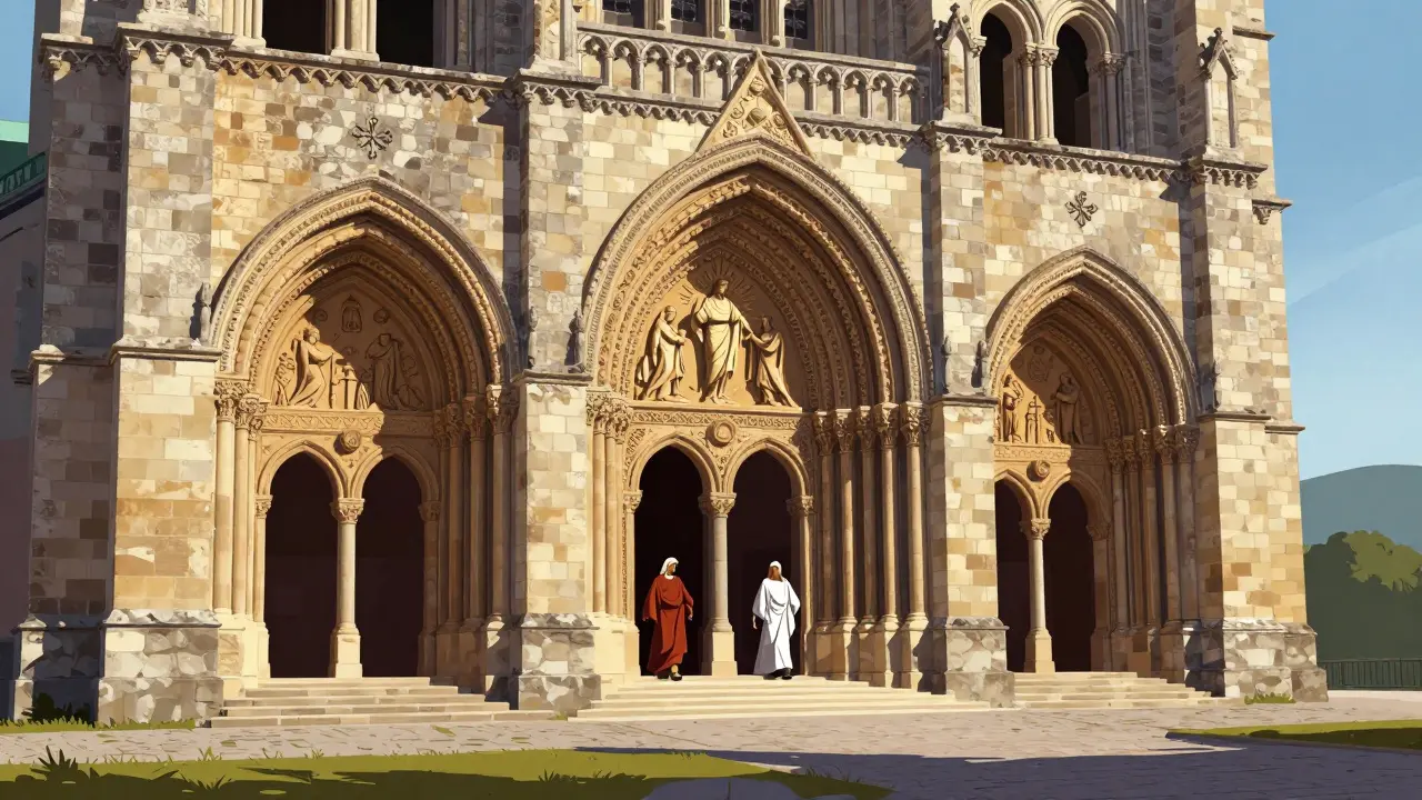 Exterior of Sainte-Foy Abbey showing carved tympanum and pilgrims entering through rounded arches under a bright sky.