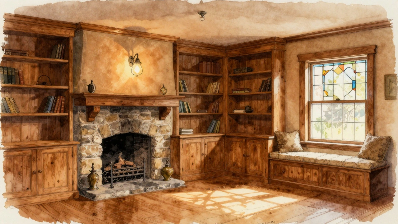 Interior of a Craftsman living room with built-in bookshelves, stone fireplace, and warm woodwork.
