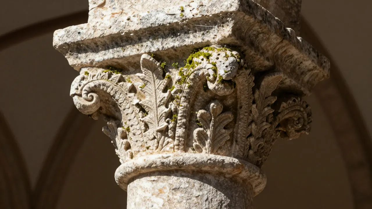Intricately carved Romanesque stone capital featuring a dragon and leaf motif in weathered limestone.