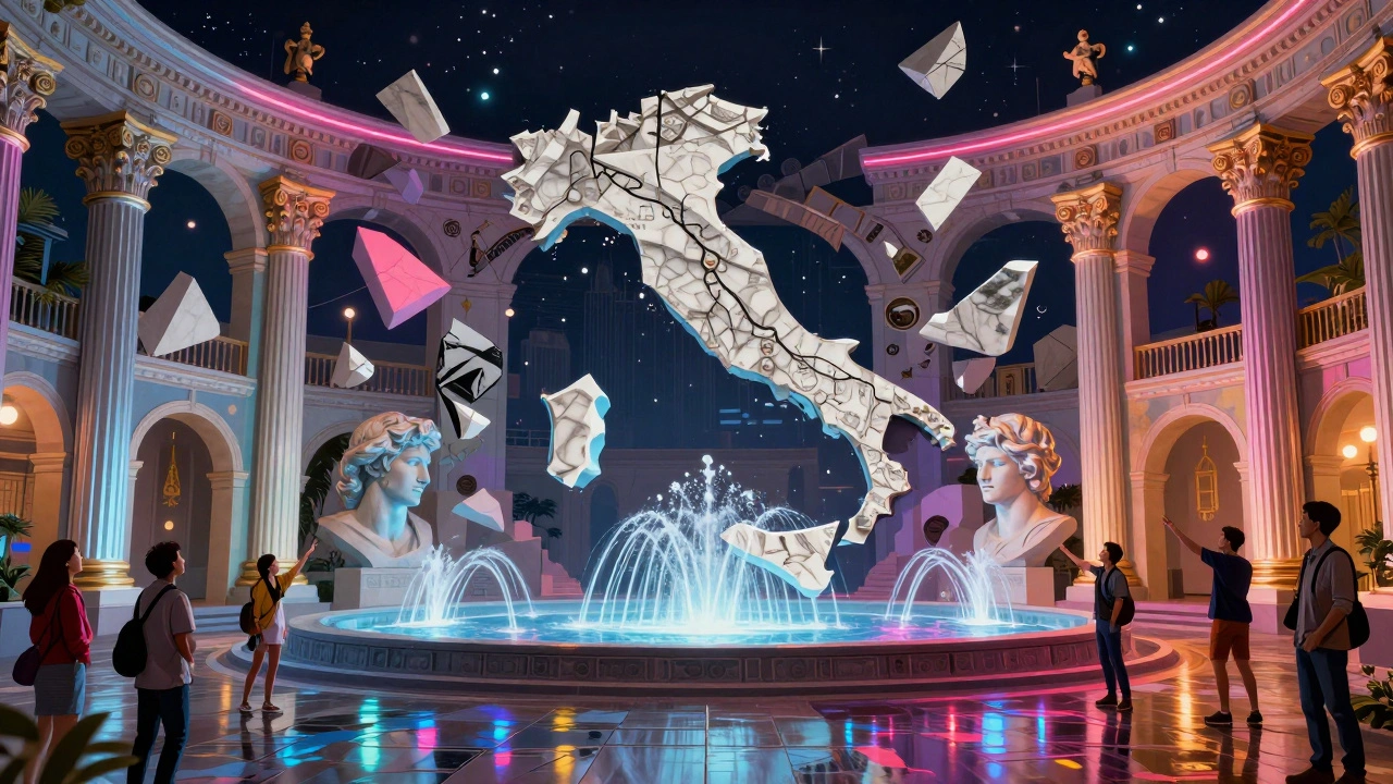 Piazza d&#039;Italia at night with neon lights, fake Roman columns, and glowing fountains.