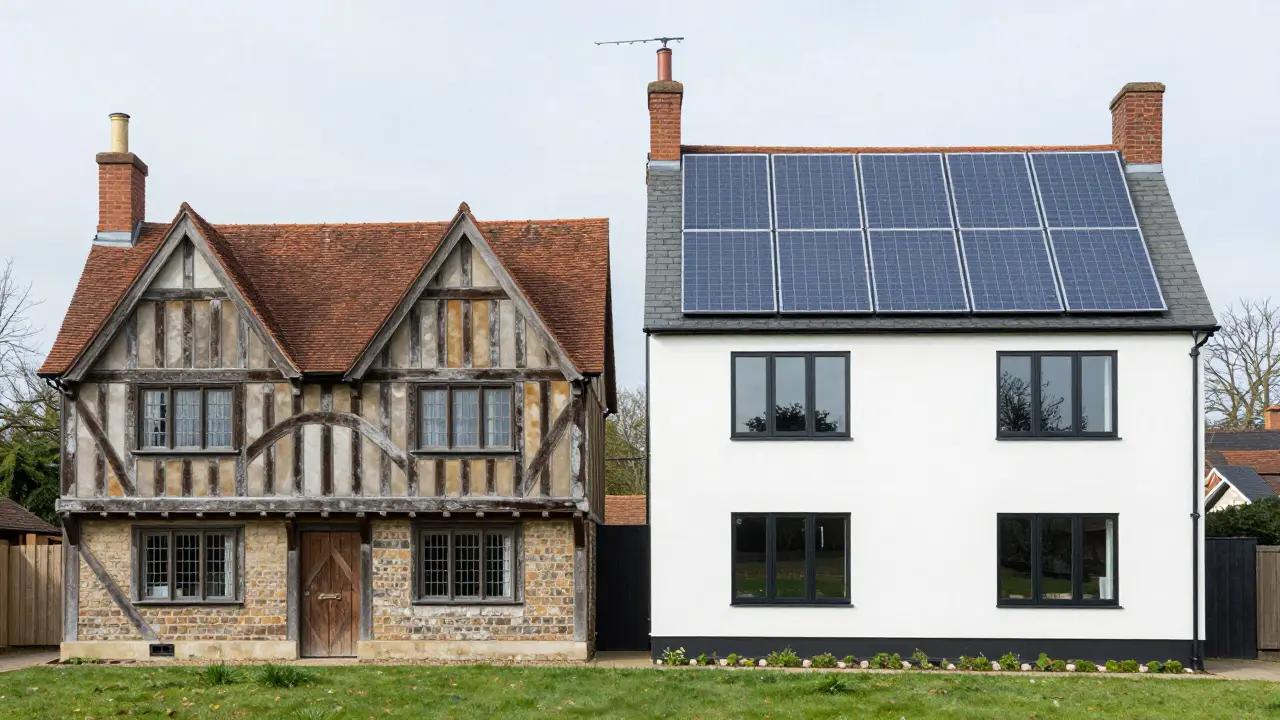 Side-by-side comparison of an authentic Tudor cottage and a modern sustainable Tudor-style home, both featuring traditional timber framing and steep roofs.