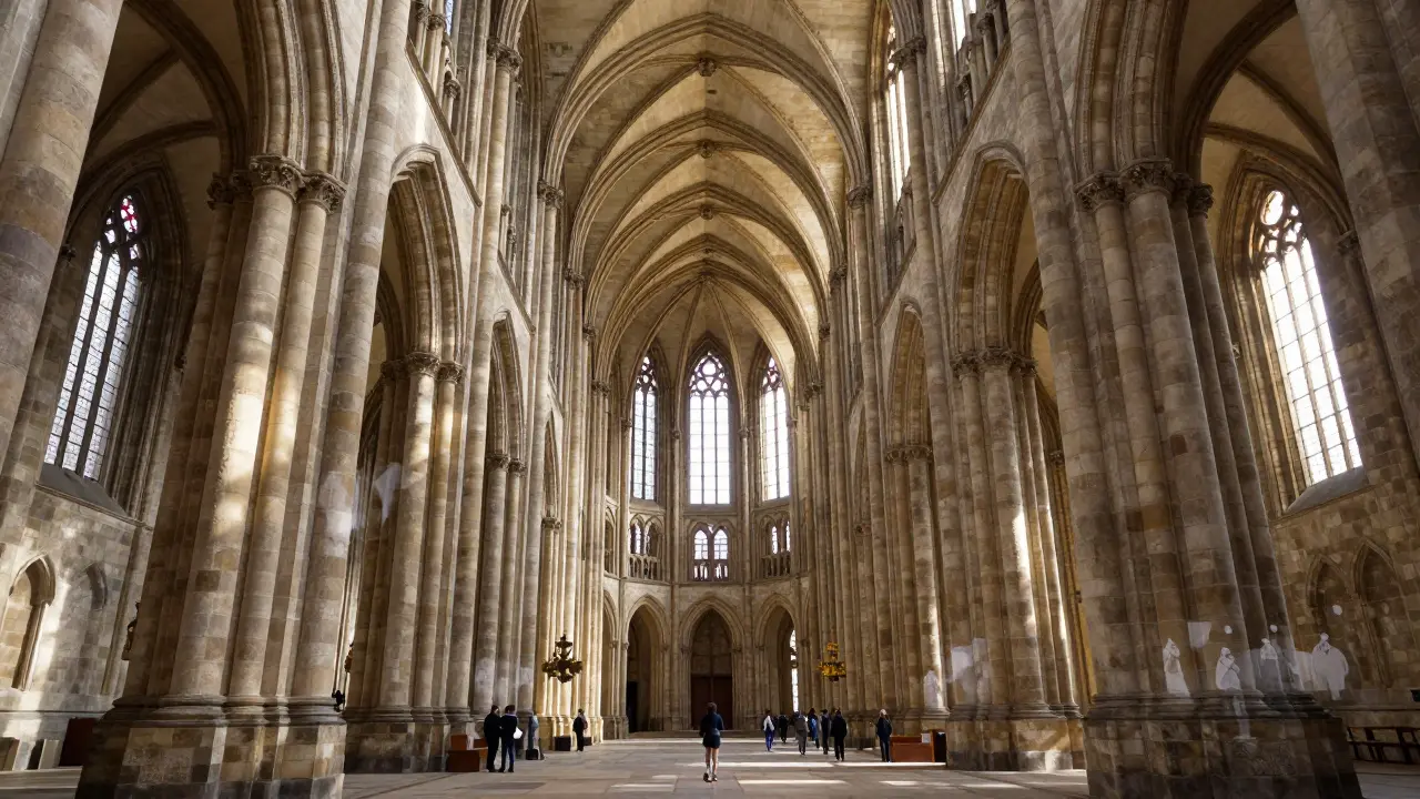 Speyer Cathedral's massive stone nave seen from below, with sunlight filtering through small windows and faint ghostly figures in medieval attire.