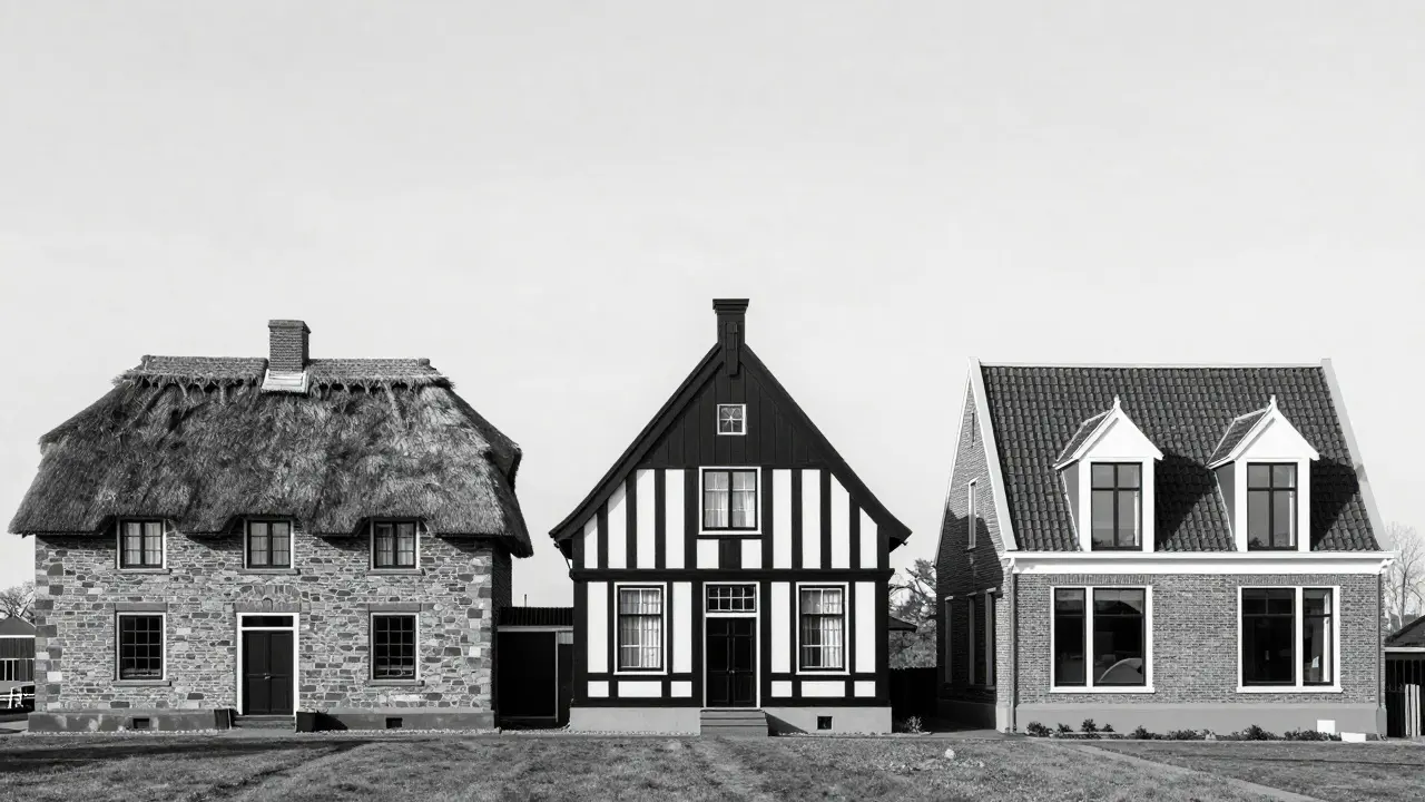 Three historical versions of Dutch Colonial homes aligned to show architectural evolution over centuries.