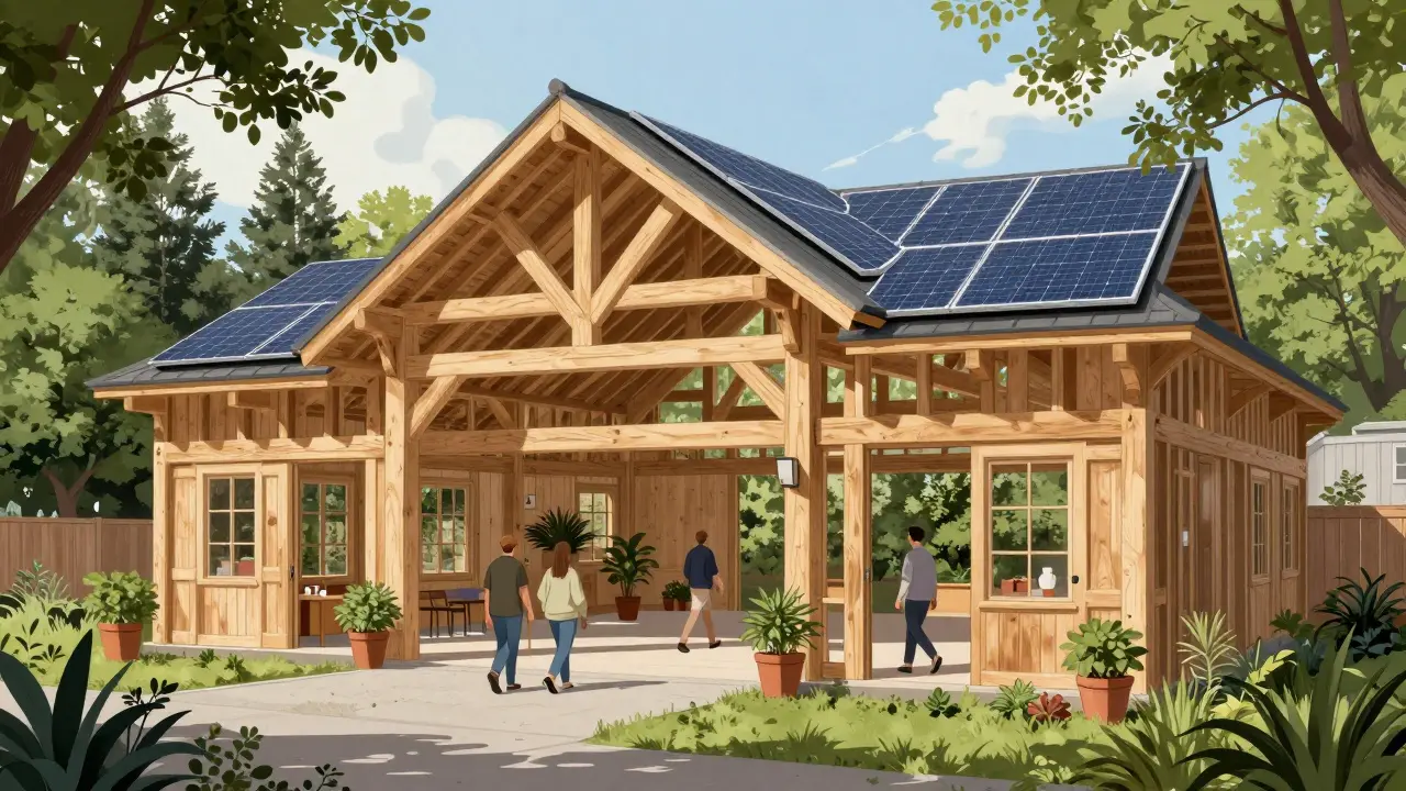 A community center built with 1880s timber framing and solar panels on the roof, surrounded by greenery and natural light.