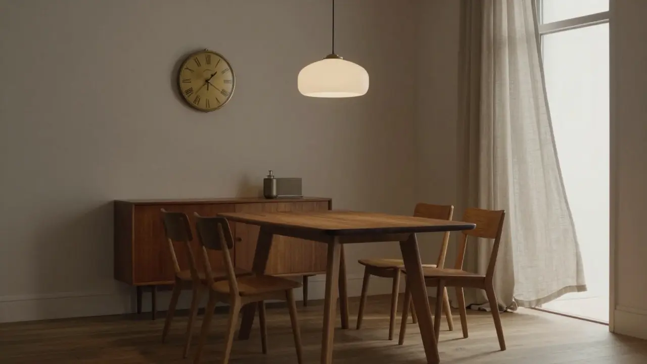 A minimalist dining nook with teak table, slender chairs, and frosted glass pendant light.