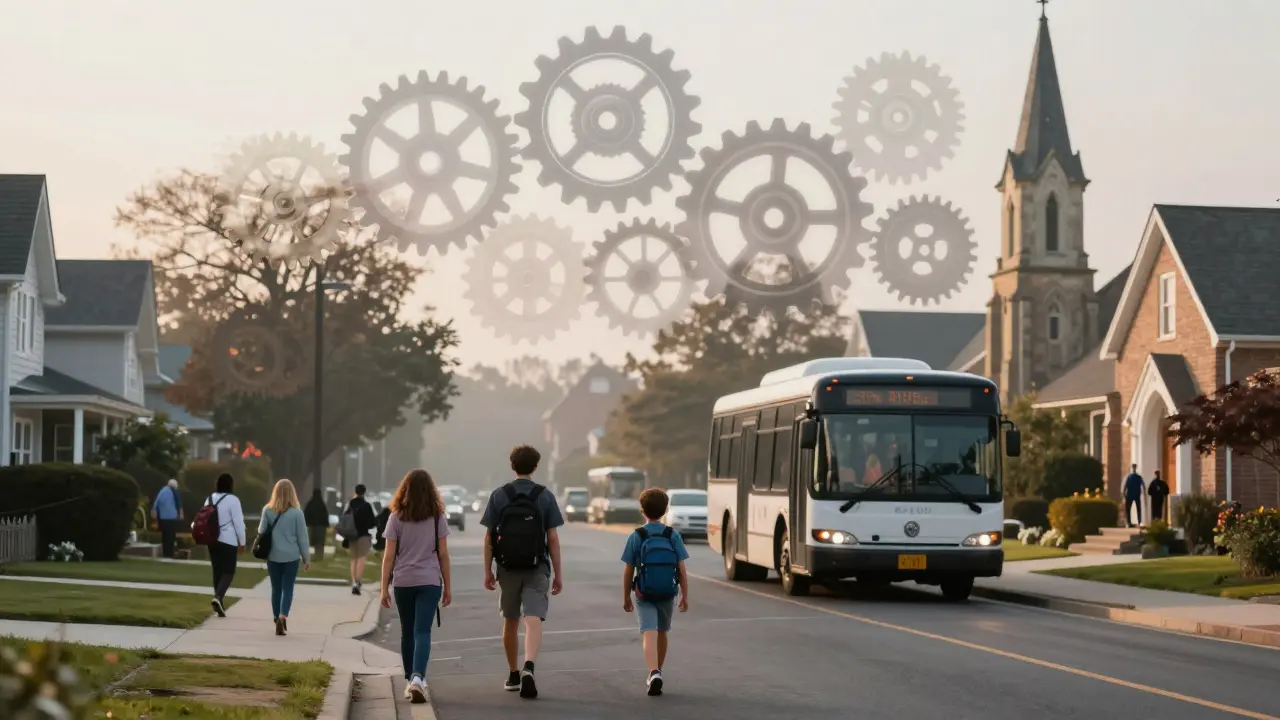 A peaceful morning scene of people going about daily routines, with invisible social mechanisms subtly implied above.