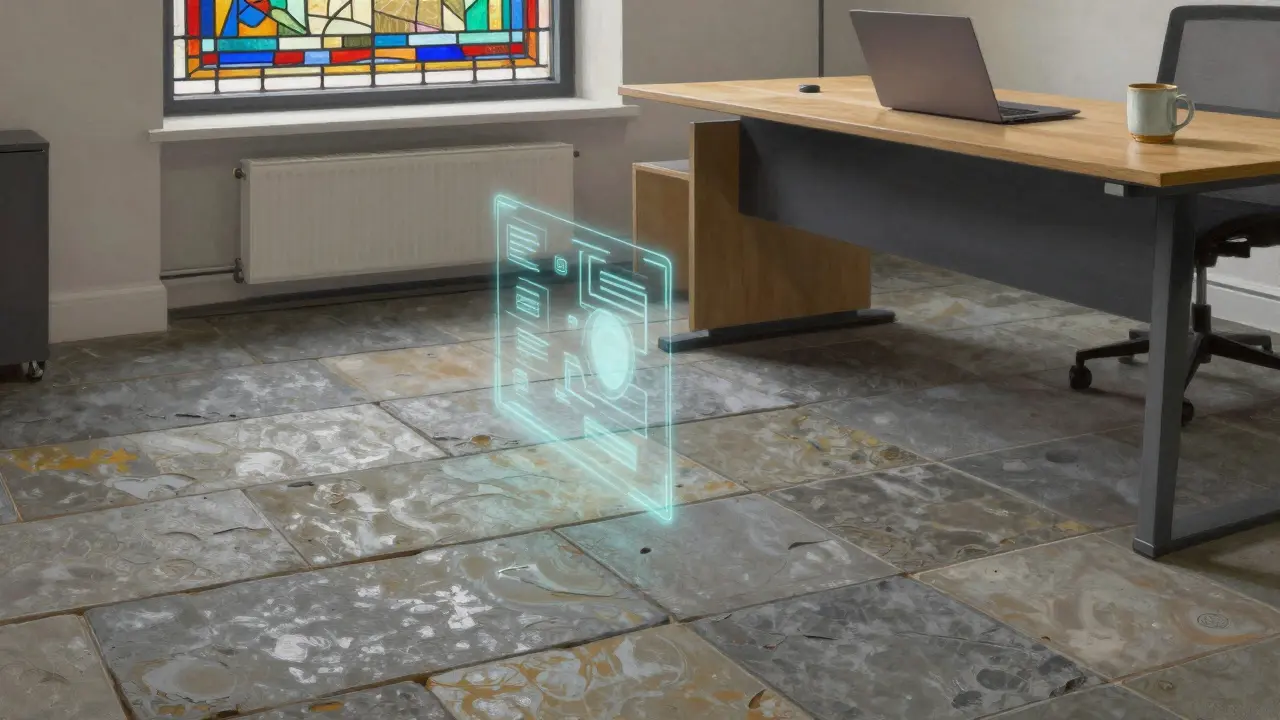 An office floor of hand-laid historic stone tiles with subtle holographic interfaces, beside a ceramic mug and laptop under stained-glass light.
