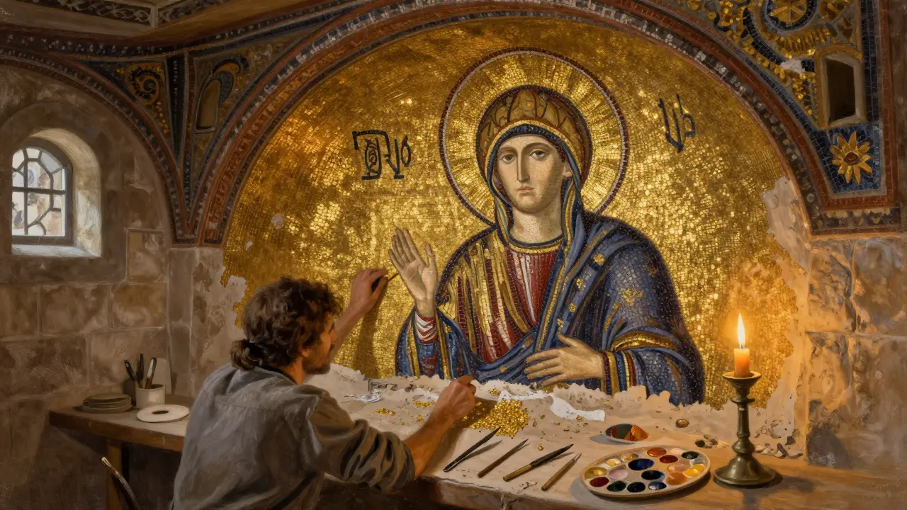 Artisans crafting a Byzantine gold mosaic ceiling with candlelight and tools.